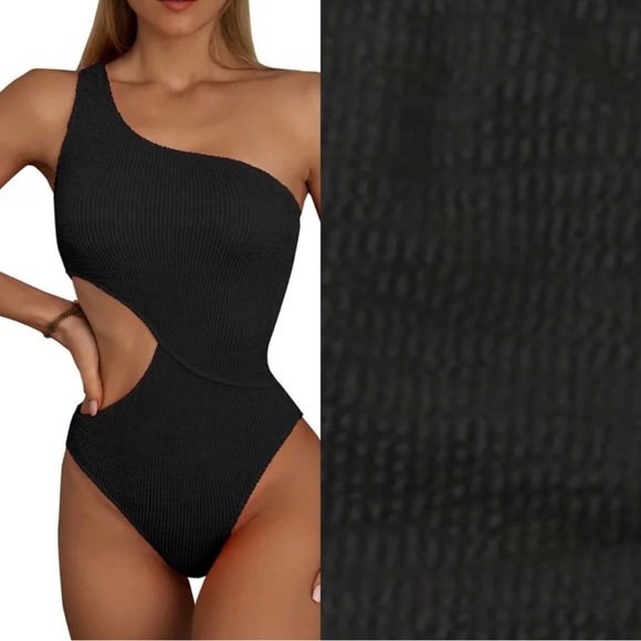 Black Cutout One Piece Swimsuit One Shoulder Waffle-Knit Monokini SIZE S/M - Picture 4 of 4